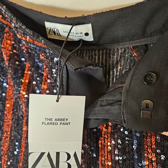 Zara Sequins Flared Semi Sheer Pants Sz S Blogger's Favorite Black Orange Party - Picture 6 of 6